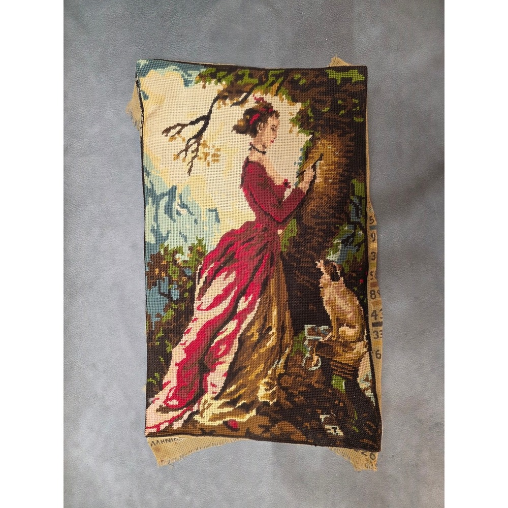 Vintage Greek‎ Needlepoint Tapestry Victorian Woman Red Dress Textile Art 48x33